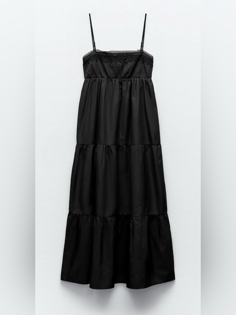 Zara Black Cotton Lace Trim Tiered Midi Maxi Dress Size S